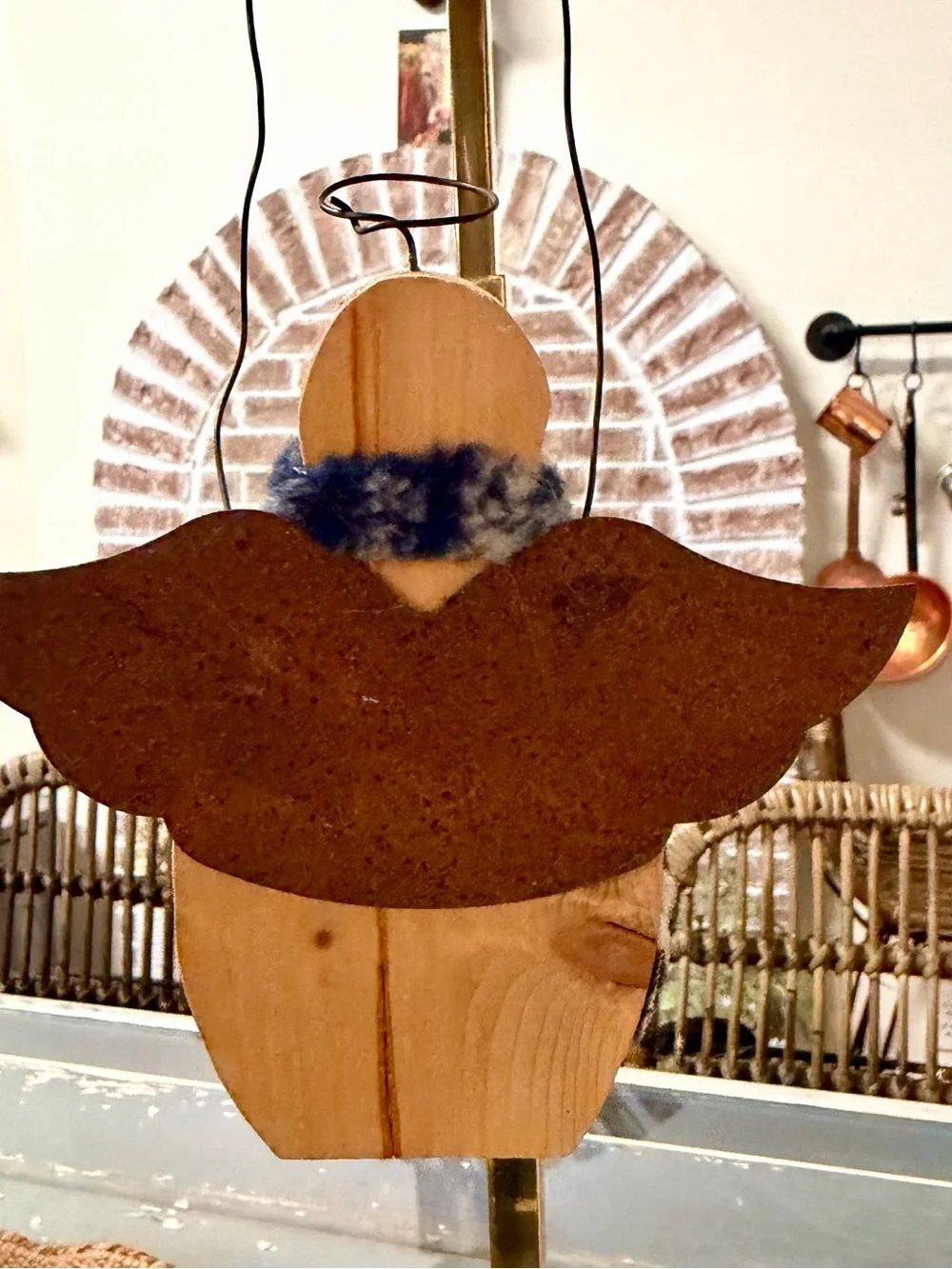 Hand Crafted Wooden Snow Angel Ornament with Blue Scarf and Rust Stars